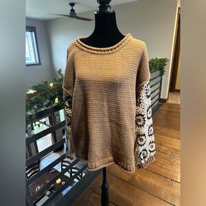 EUC POL Chenille Sweater with Crocheted Sleeves Size L